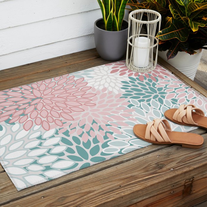 Floral Bloom, Teal, Green, Pink and White Outdoor Rug Gallery Image 2