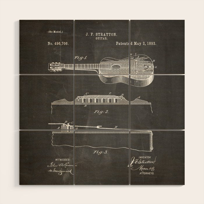 Acoustic Guitar Patent - Guitar Player Music Lover Art - Black Chalkboard Wood Wall Art Gallery Image 1