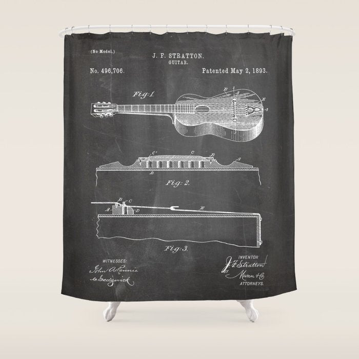 Acoustic Guitar Patent - Guitar Player Music Lover Art - Black Chalkboard Shower Curtain Gallery Image 1