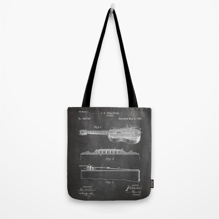 Acoustic Guitar Patent - Guitar Player Music Lover Art - Black Chalkboard Tote Bag Gallery Image 2