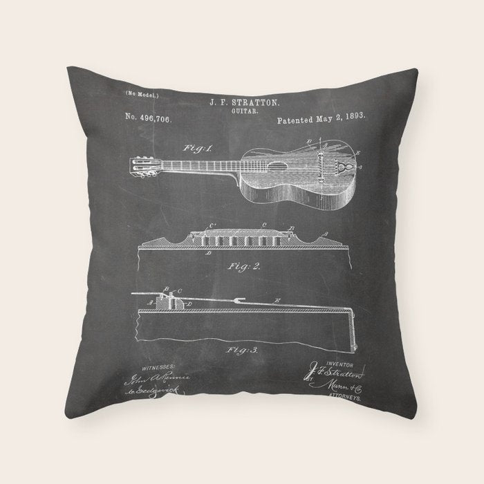 Acoustic Guitar Patent - Guitar Player Music Lover Art - Black Chalkboard Throw Pillow Gallery Image 1