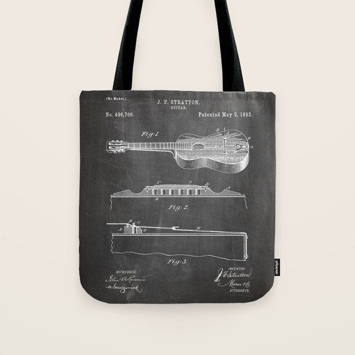 Acoustic Guitar Patent - Guitar Player Music Lover Art - Black Chalkboard Tote Bag Gallery Image 1