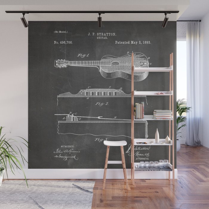 Acoustic Guitar Patent - Guitar Player Music Lover Art - Black Chalkboard Wall Mural Gallery Image 1
