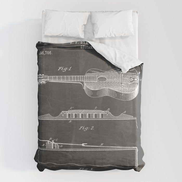 Acoustic Guitar Patent - Guitar Player Music Lover Art - Black Chalkboard Duvet Cover Gallery Image 1