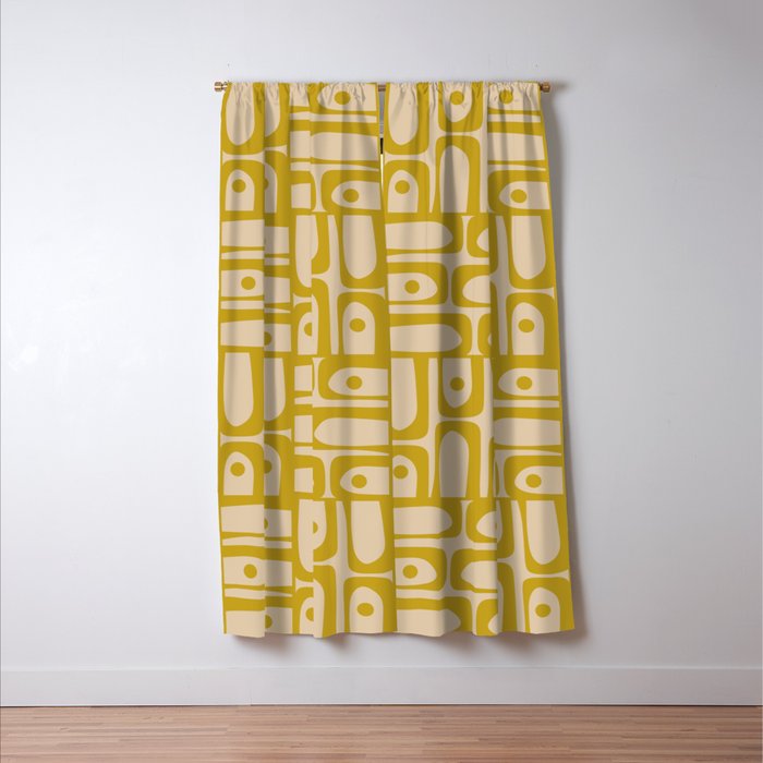 Mid Century Modern Piquet Abstract Multi Pattern in Mid Mod Mustard Yellow and Beige Window Curtain Gallery Image 3