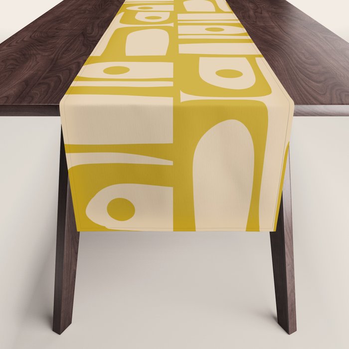 Mid Century Modern Piquet Abstract Multi Pattern in Mid Mod Mustard Yellow and Beige Table Runner