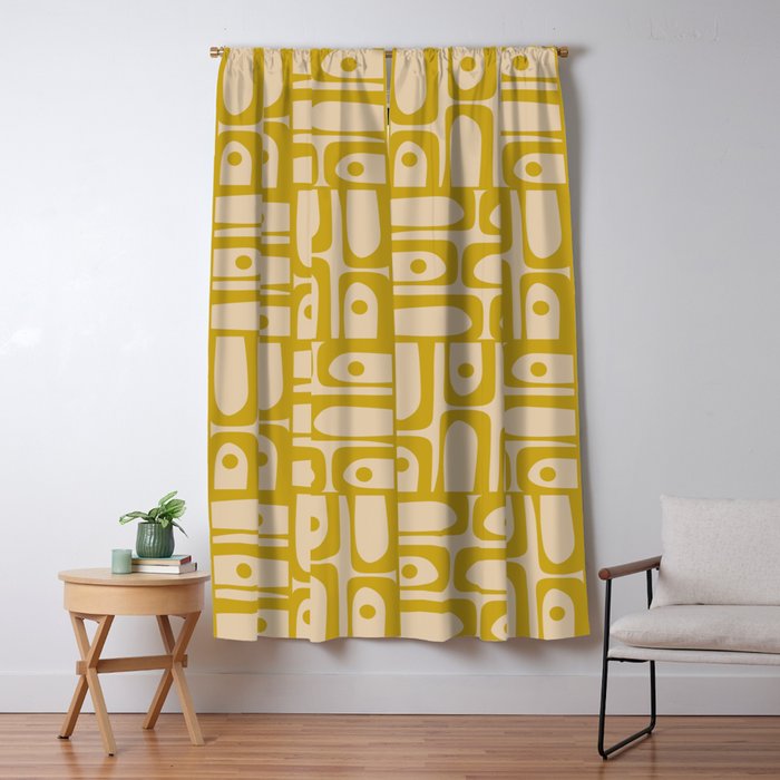Mid Century Modern Piquet Abstract Multi Pattern in Mid Mod Mustard Yellow and Beige Window Curtain Gallery Image 5