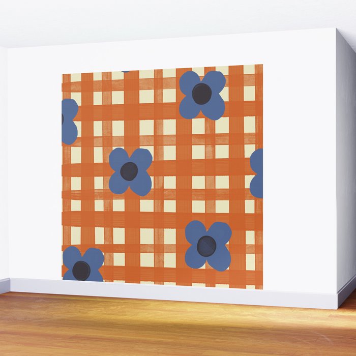 Red floral check pattern Wall Mural Gallery Image 2