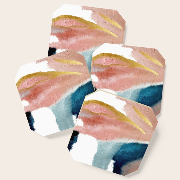 Exhale: a pretty, minimal, acrylic piece in pinks, blues, and gold Coaster Gallery Image 1