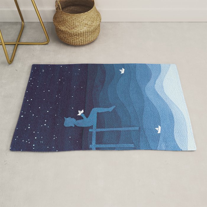 Boy with paper boats, blue Rug Gallery Image 1