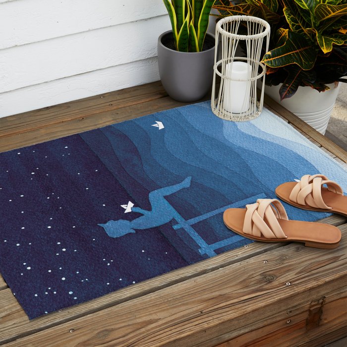 Boy with paper boats, blue Outdoor Rug Gallery Image 2