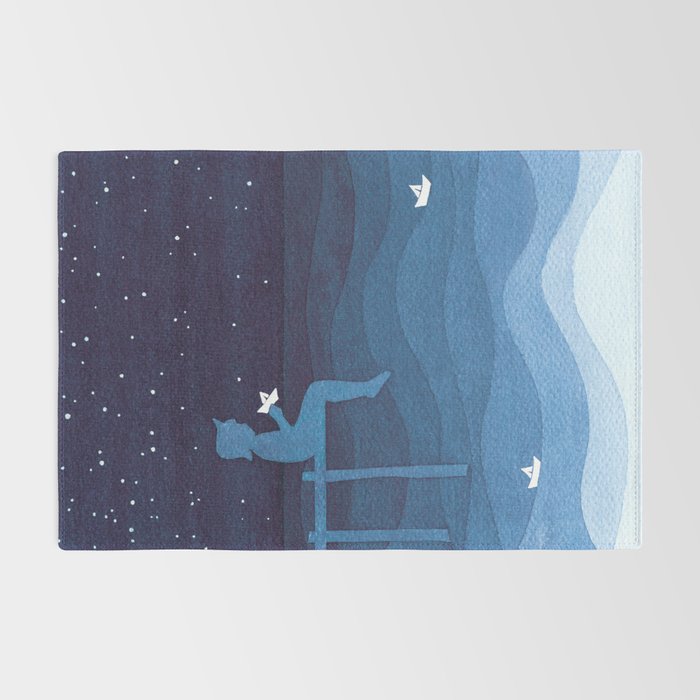 Boy with paper boats, blue Rug Gallery Image 2
