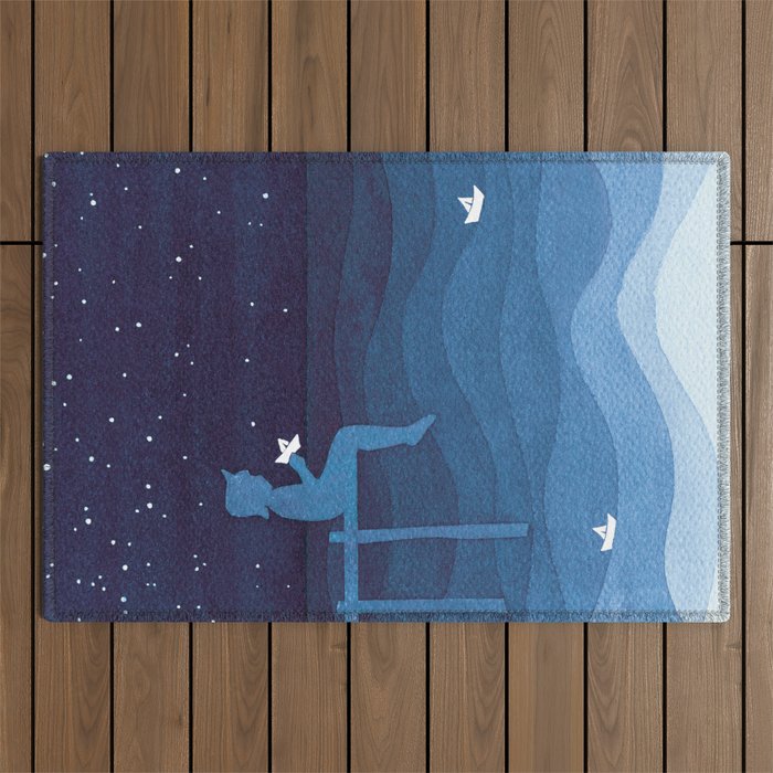 Boy with paper boats, blue Outdoor Rug Gallery Image 1
