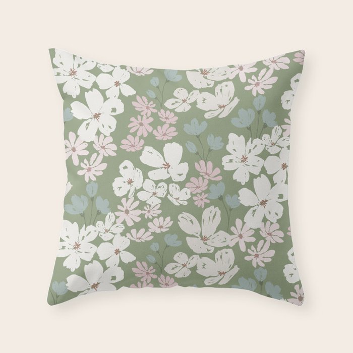 Soft meadow blooms - dusty mint, cream and pink floral pattern Throw Pillow Gallery Image 1