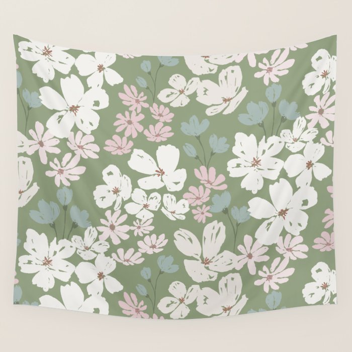 Soft meadow blooms - dusty mint, cream and pink floral pattern Wall Tapestry Gallery Image 4