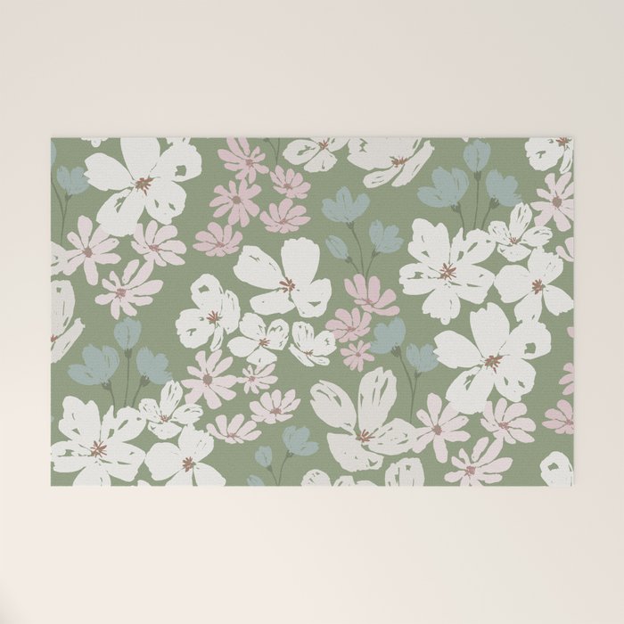 Soft meadow blooms - dusty mint, cream and pink floral pattern Welcome Mat Gallery Image 1