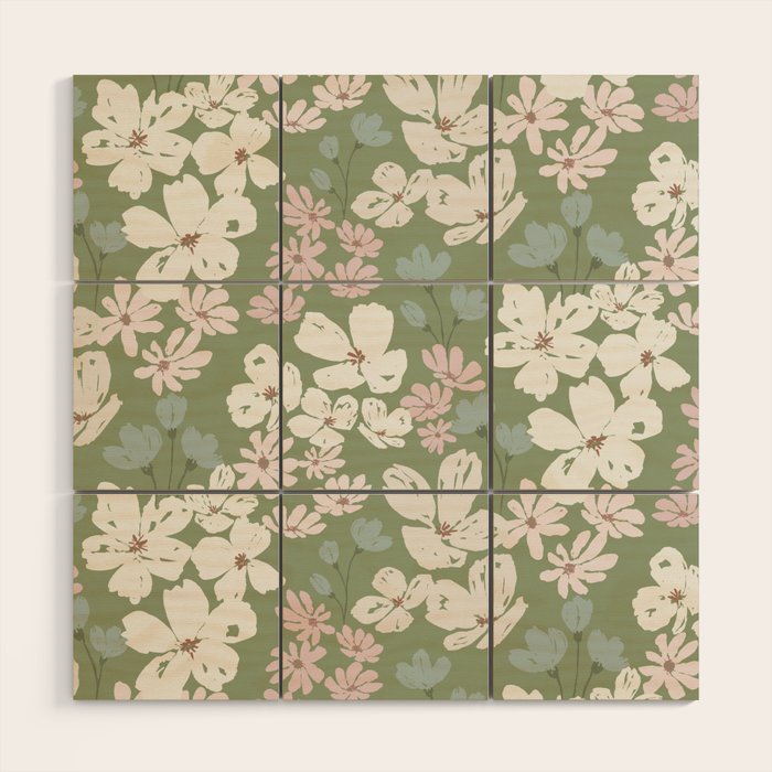 Soft meadow blooms - dusty mint, cream and pink floral pattern Wood Wall Art Gallery Image 1