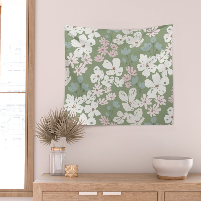 Soft meadow blooms - dusty mint, cream and pink floral pattern Wall Tapestry Gallery Image 2