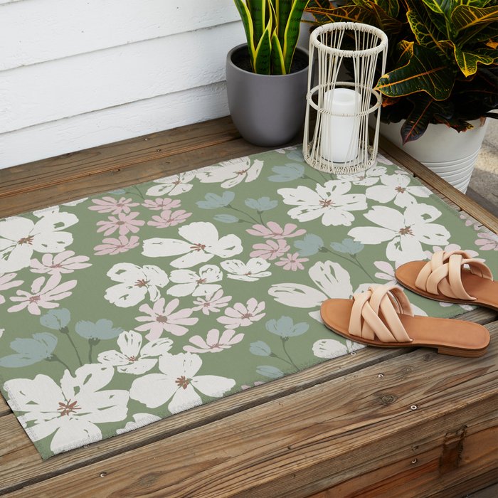 Soft meadow blooms - dusty mint, cream and pink floral pattern Outdoor Rug Gallery Image 2