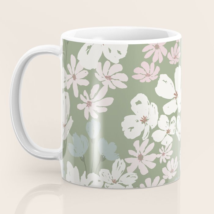 Soft meadow blooms - dusty mint, cream and pink floral pattern Coffee Mug Gallery Image 3