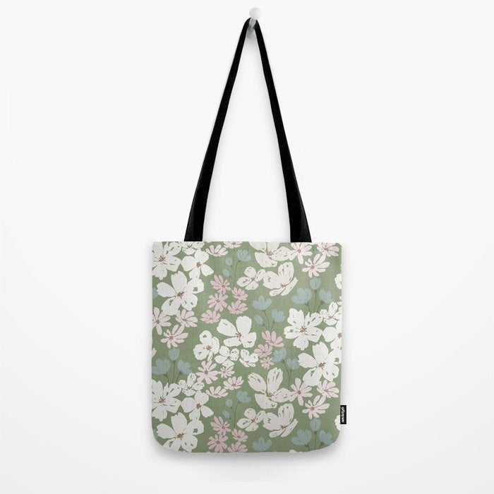 Soft meadow blooms - dusty mint, cream and pink floral pattern Tote Bag Gallery Image 2