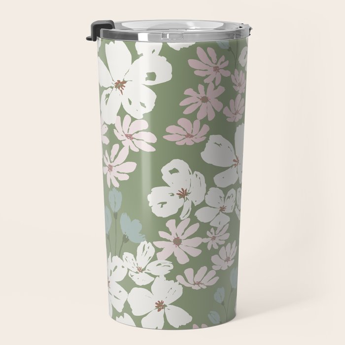 Soft meadow blooms - dusty mint, cream and pink floral pattern Travel Mug Gallery Image 3