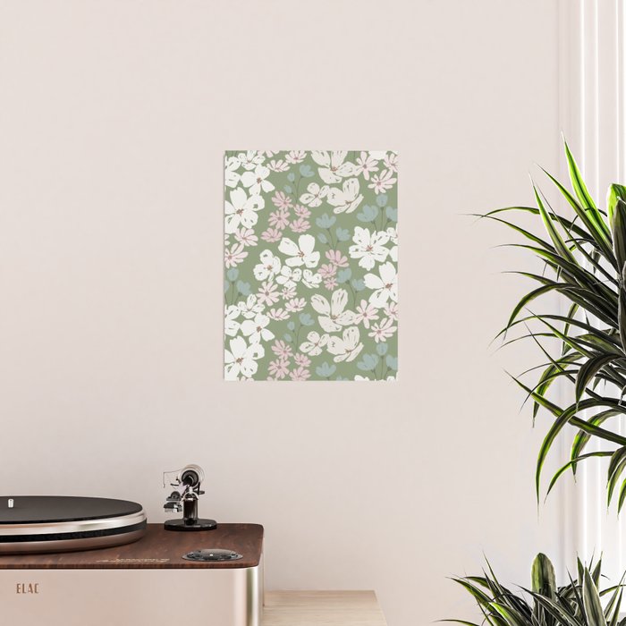 Soft meadow blooms - dusty mint, cream and pink floral pattern Poster Gallery Image 2
