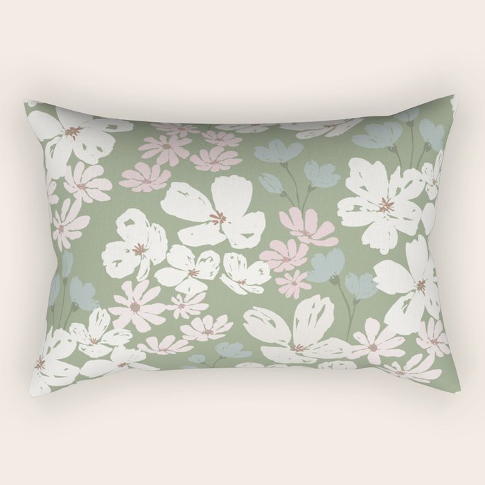Soft meadow blooms - dusty mint, cream and pink floral pattern Rectangular Pillow Gallery Image 2