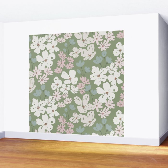 Soft meadow blooms - dusty mint, cream and pink floral pattern Wall Mural Gallery Image 2