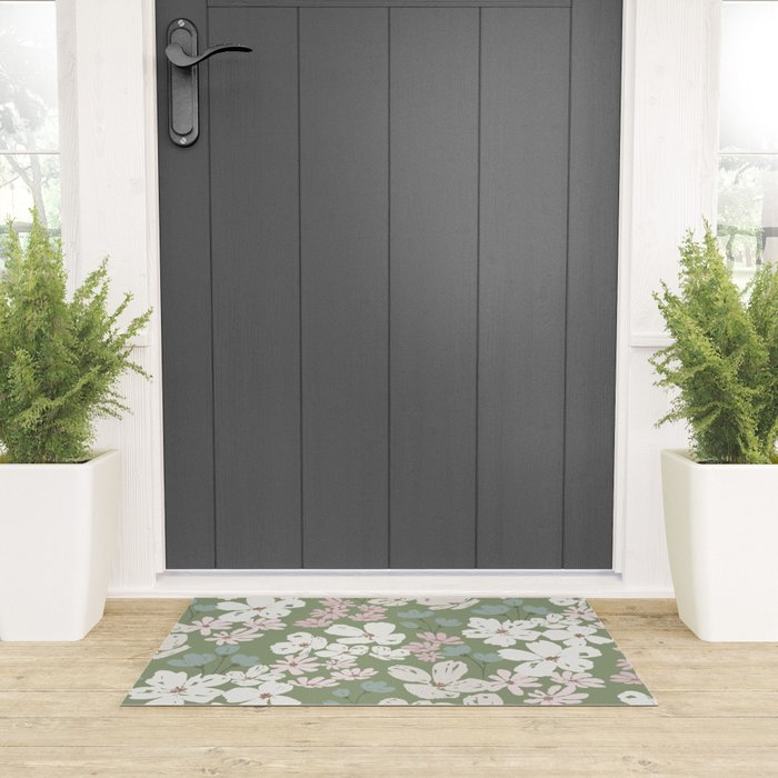Soft meadow blooms - dusty mint, cream and pink floral pattern Welcome Mat Gallery Image 3