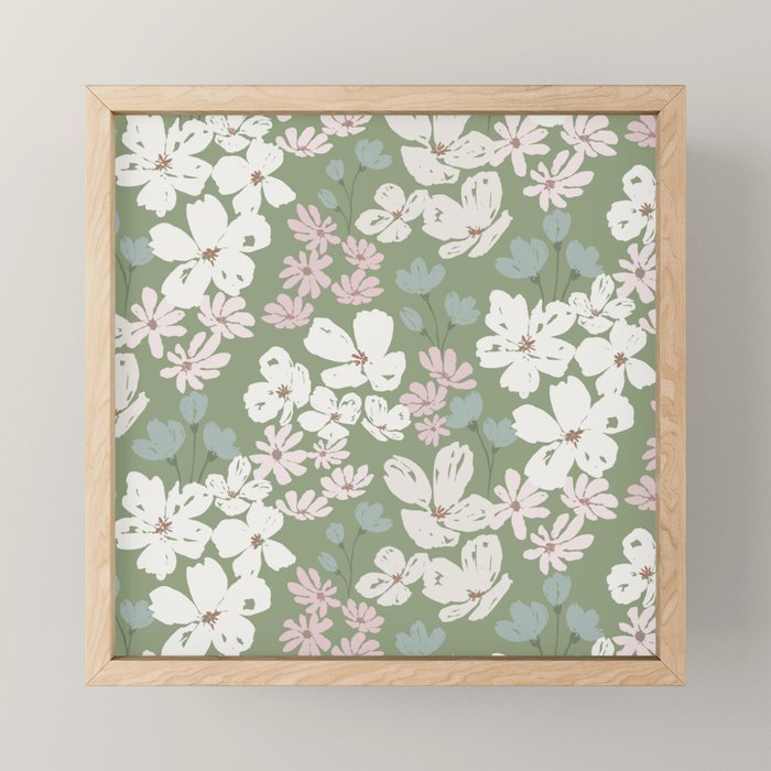 Soft meadow blooms - dusty mint, cream and pink floral pattern Mini Art Print Gallery Image 1