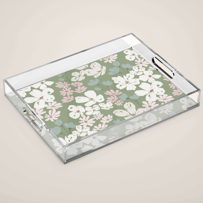 Soft meadow blooms - dusty mint, cream and pink floral pattern Acrylic Tray Gallery Image 1