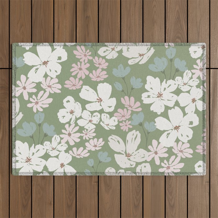 Soft meadow blooms - dusty mint, cream and pink floral pattern Outdoor Rug Gallery Image 1