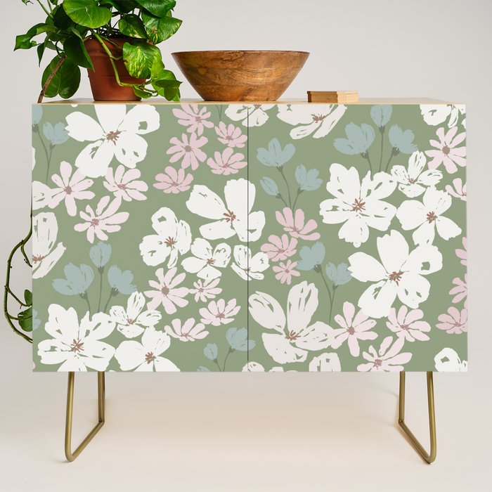 Soft meadow blooms - dusty mint, cream and pink floral pattern Credenza Gallery Image 1