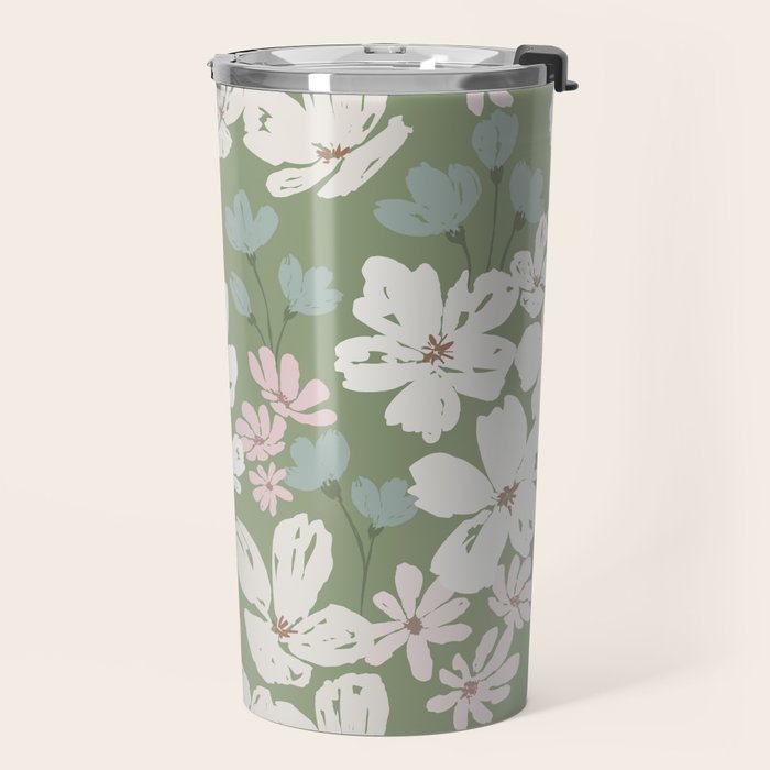 Soft meadow blooms - dusty mint, cream and pink floral pattern Travel Mug Gallery Image 2