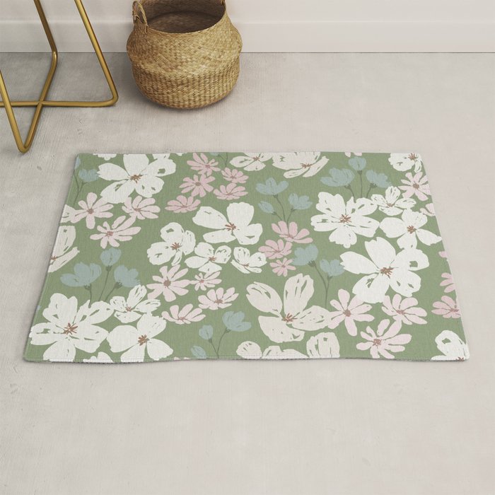 Soft meadow blooms - dusty mint, cream and pink floral pattern Rug Gallery Image 1