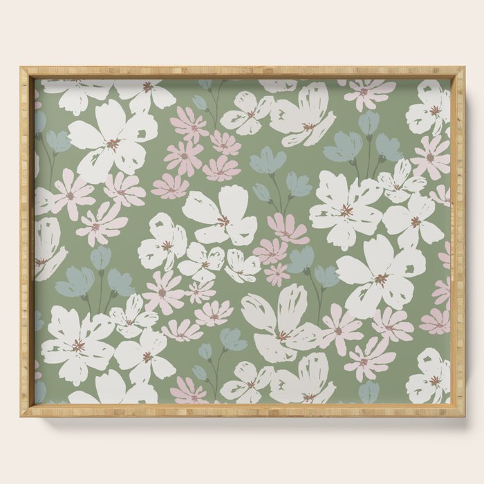 Soft meadow blooms - dusty mint, cream and pink floral pattern Serving Tray Gallery Image 1