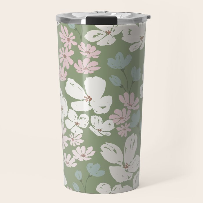 Soft meadow blooms - dusty mint, cream and pink floral pattern Travel Mug Gallery Image 1