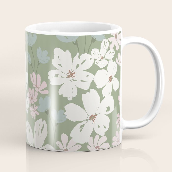 Soft meadow blooms - dusty mint, cream and pink floral pattern Coffee Mug Gallery Image 1