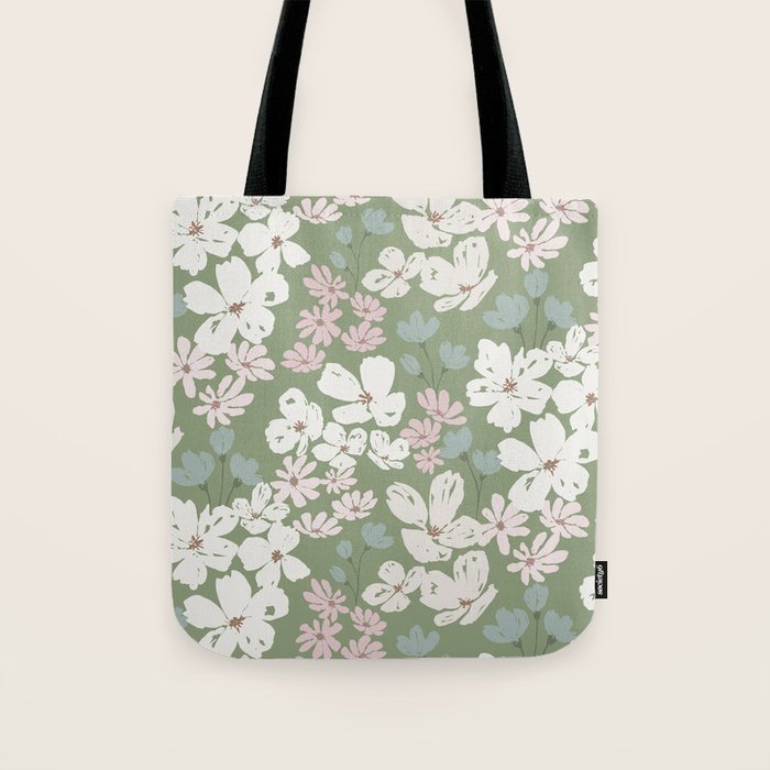 Soft meadow blooms - dusty mint, cream and pink floral pattern Tote Bag Gallery Image 1