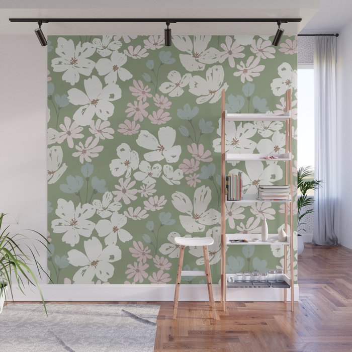 Soft meadow blooms - dusty mint, cream and pink floral pattern Wall Mural Gallery Image 1