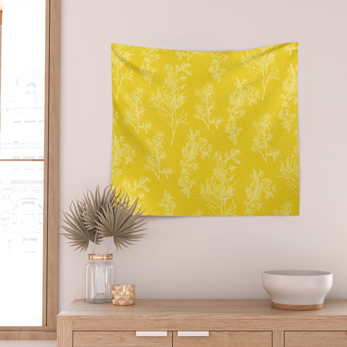 Vintage Style Botanical Cottage Textured Pattern in Yellow Wall Tapestry Gallery Image 2