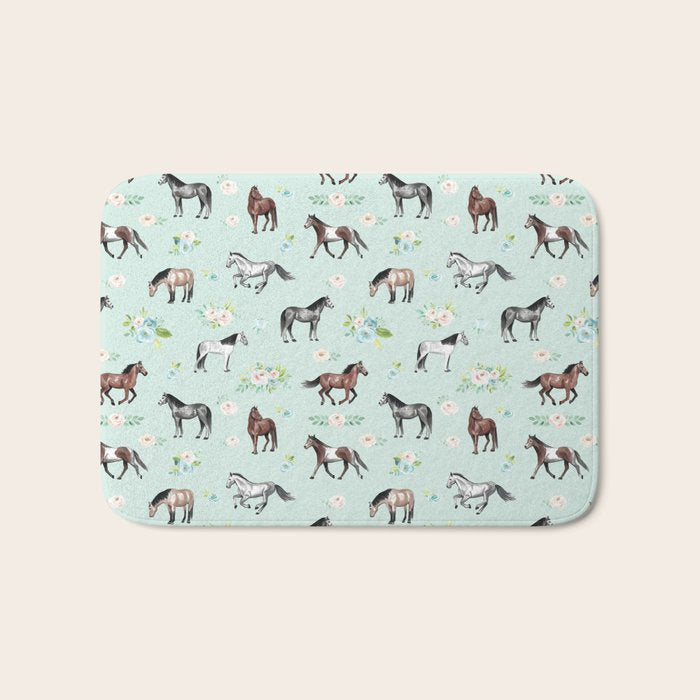 Floral Horse Pattern, Flowers and Horses, Romantic Blue, Horse Decor, Horse Art Bath Mat Gallery Image 1