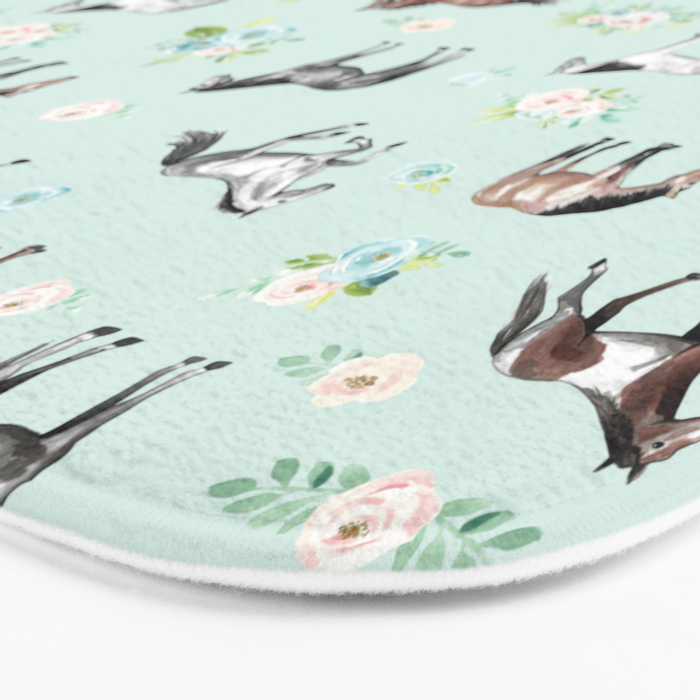 Floral Horse Pattern, Flowers and Horses, Romantic Blue, Horse Decor, Horse Art Bath Mat Gallery Image 3