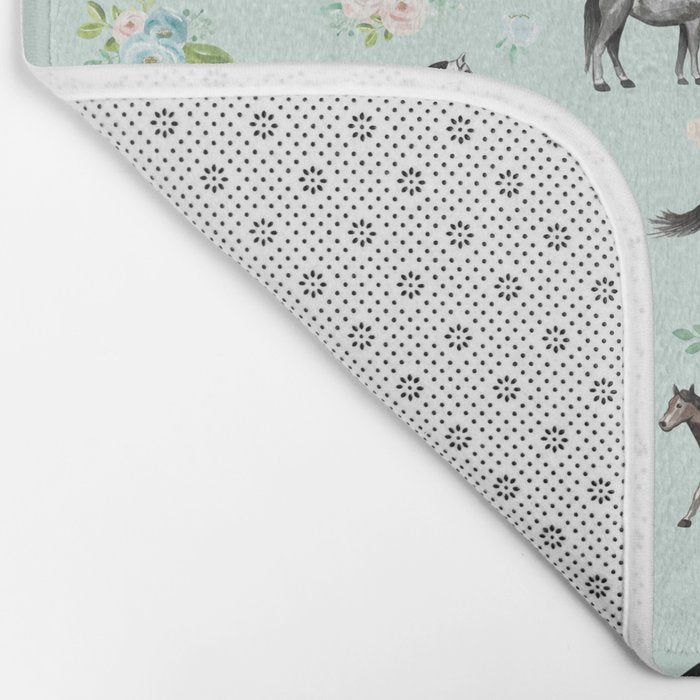 Floral Horse Pattern, Flowers and Horses, Romantic Blue, Horse Decor, Horse Art Bath Mat Gallery Image 2