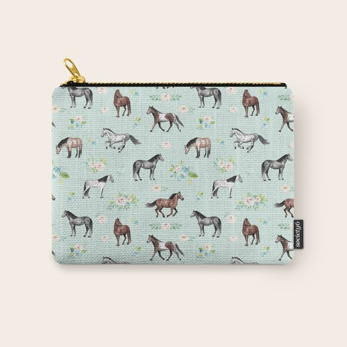Floral Horse Pattern, Flowers and Horses, Romantic Blue, Horse Decor, Horse Art Carry All Pouch Gallery Image 1