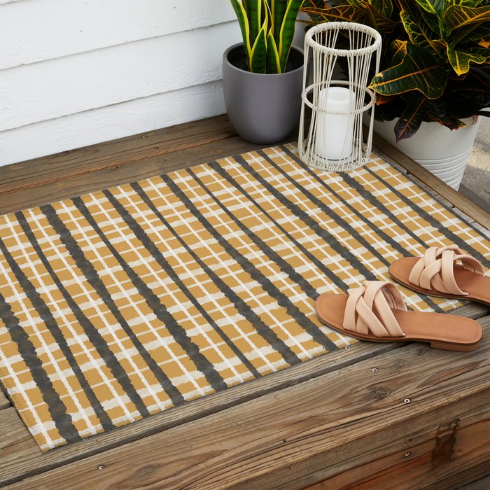 Hygge Striped Plaid Charcoal Mustard Gold Pattern  Outdoor Rug Gallery Image 2
