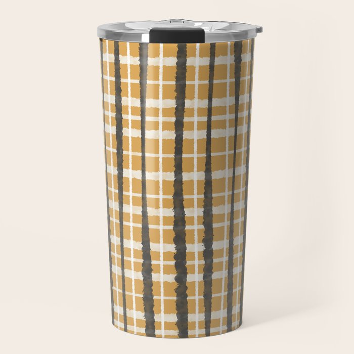 Hygge Striped Plaid Charcoal Mustard Gold Pattern  Travel Mug Gallery Image 1