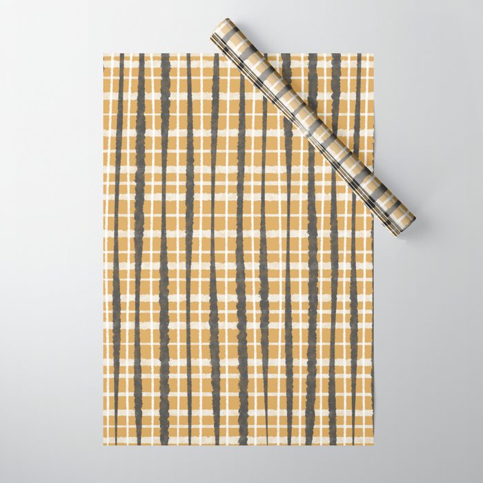 Hygge Striped Plaid Charcoal Mustard Gold Pattern  Wrapping Paper Gallery Image 1