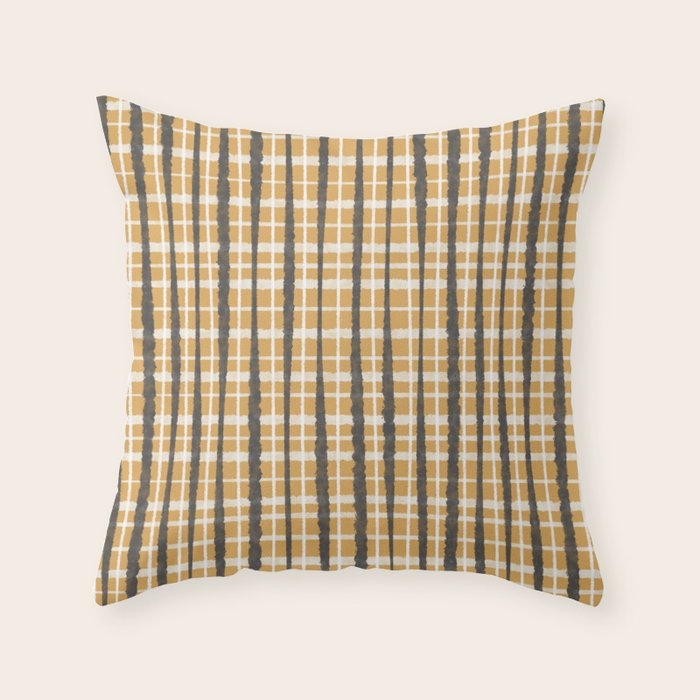 Hygge Striped Plaid Charcoal Mustard Gold Pattern  Throw Pillow Gallery Image 1